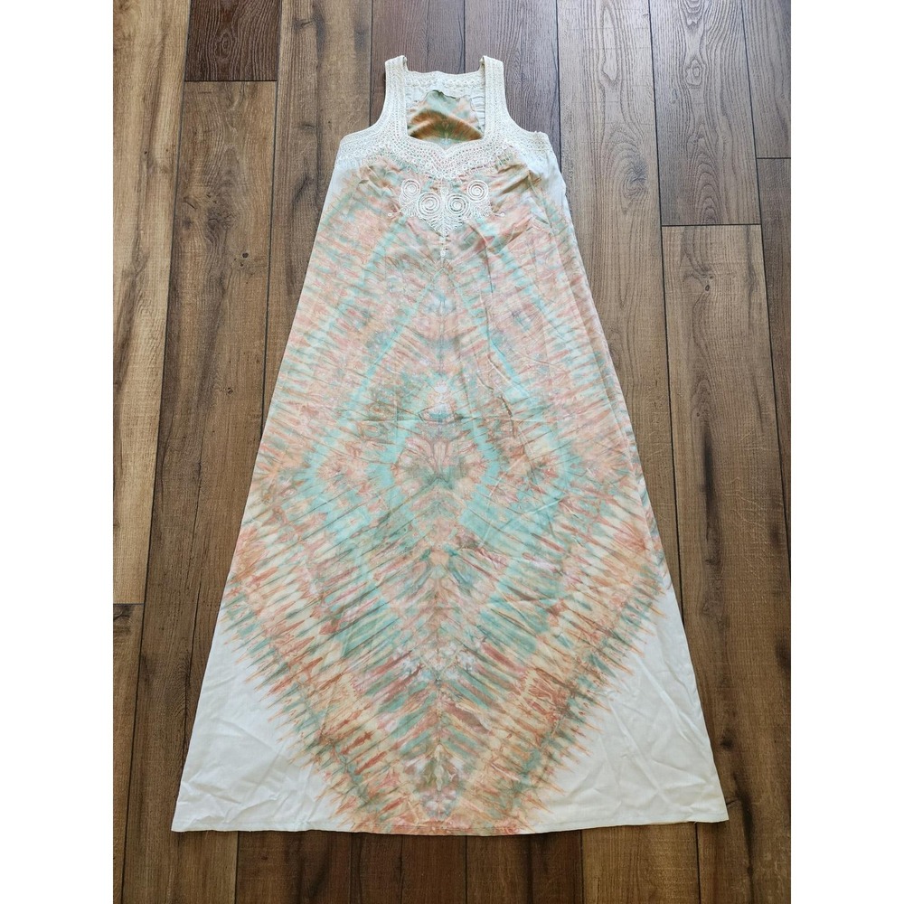 Vintage Handmade Boho Tie Dye Maxi Cotton Dress Crochet Lace Trim Hippie‎